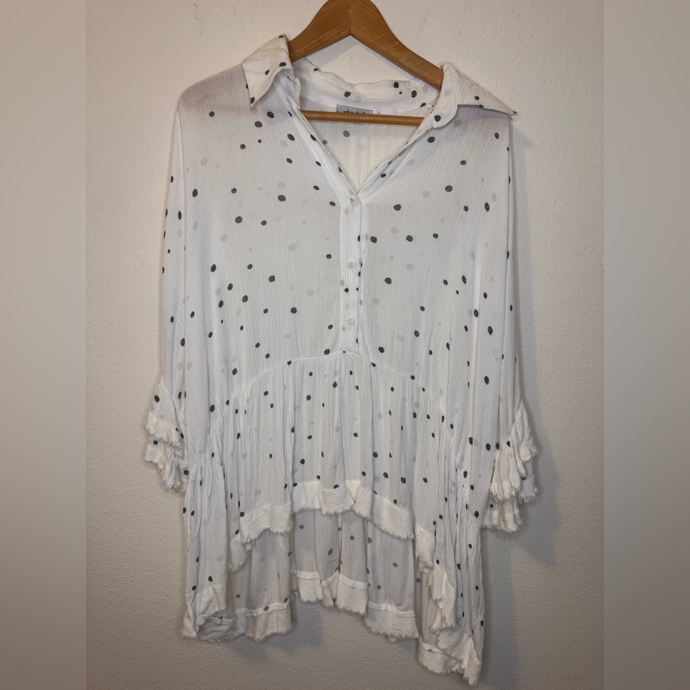 NEW White Birch Medium Sheer White Polka Dot Blouse High Low Ruffle Sleeve